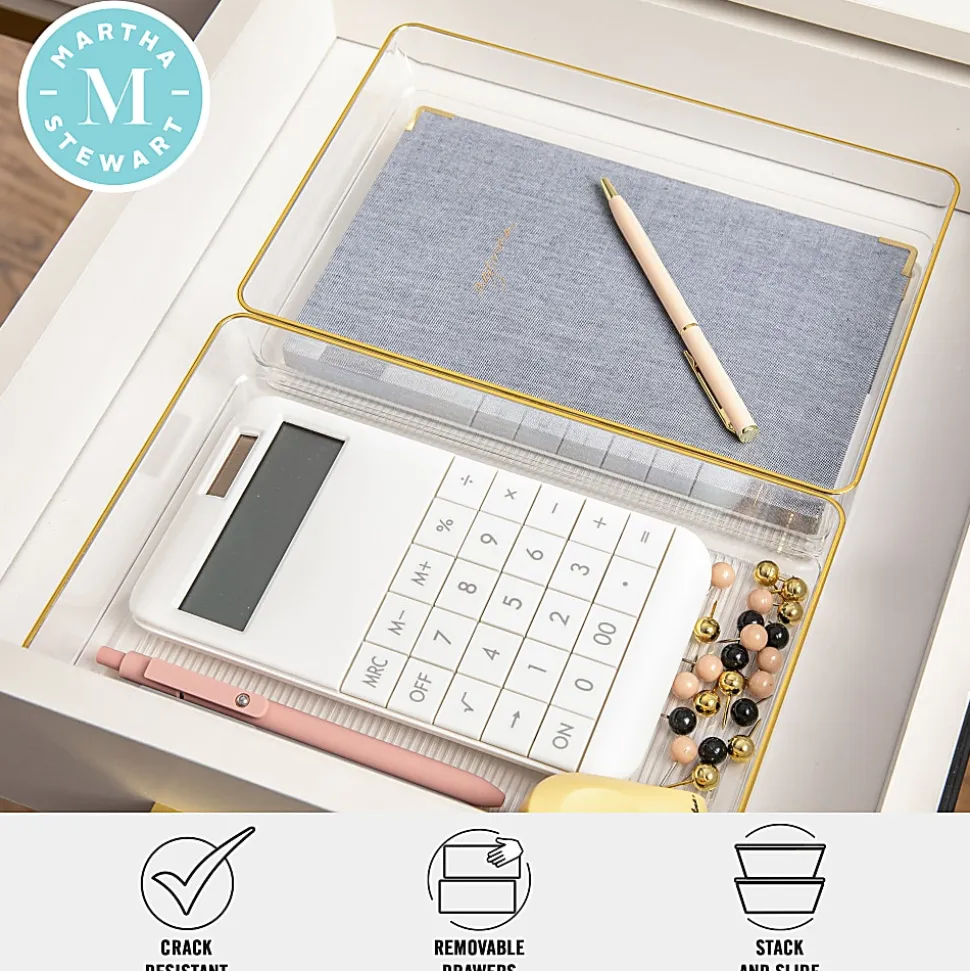 Martha Stewart Kerry Plastic Stackable Office Desk Drawer Organizers, 2"H x 6"W x 9"D, Clear/Gold Trim, Pack Of 3 Organizers