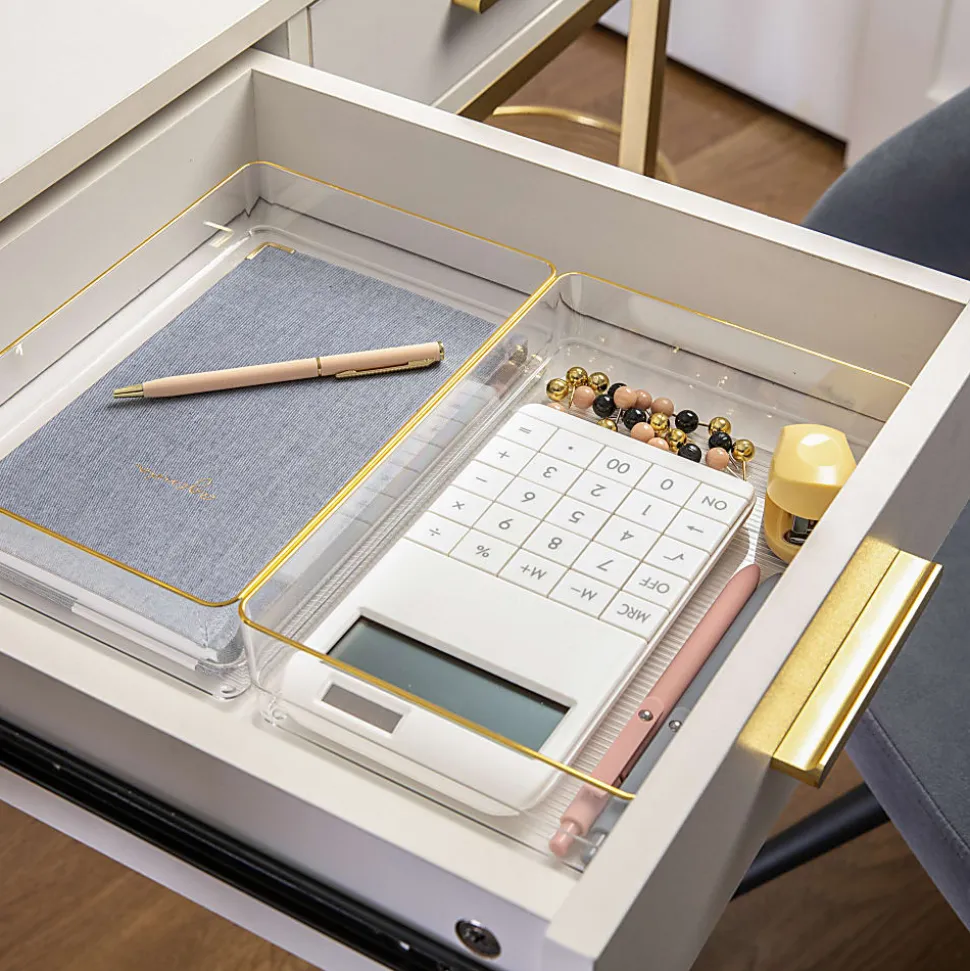 Martha Stewart Kerry Plastic Stackable Office Desk Drawer Organizers, 2"H x 6"W x 9"D, Clear/Gold Trim, Pack Of 3 Organizers