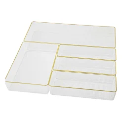 Martha Stewart Kerry Plastic Stackable Office Desk Drawer 5-Piece Organizer Set, Clear/Gold Trim