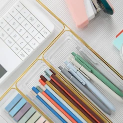 Martha Stewart Kerry Plastic Stackable Office Desk Drawer 5-Piece Organizer Set, Clear/Gold Trim
