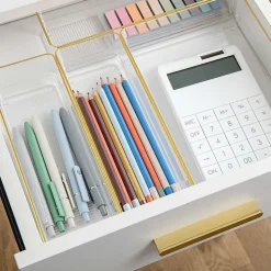 Martha Stewart Kerry Plastic Stackable Office Desk Drawer 5-Piece Organizer Set, Clear/Gold Trim