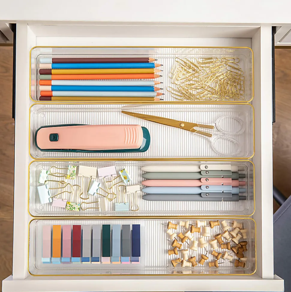 Martha Stewart Kerry Plastic Stackable Office Desk Drawer Organizers, 2"H x 3"W x 9"D, Clear/Gold Trim, Pack Of 8 Organizers
