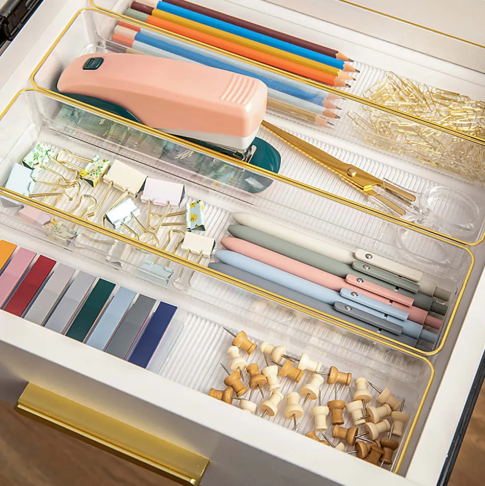 Martha Stewart Kerry Plastic Stackable Office Desk Drawer Organizers, 2"H x 3"W x 9"D, Clear/Gold Trim, Pack Of 8 Organizers