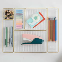 Martha Stewart Kerry Plastic Stackable Office Desk Drawer 6-Piece Organizer Set, Clear/Gold Trim