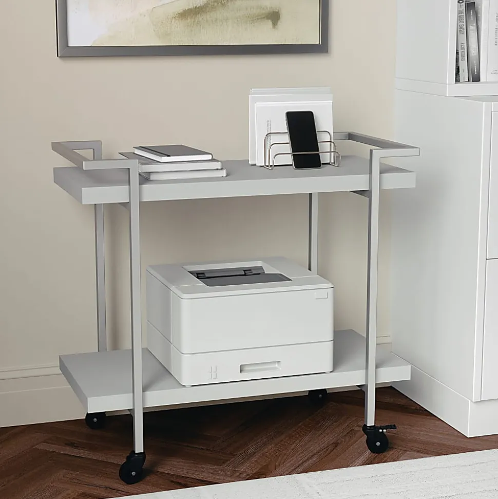 Martha Stewart Liam 2-Tier Office Storage And Printer Cart, Gray/Brushed Nickel