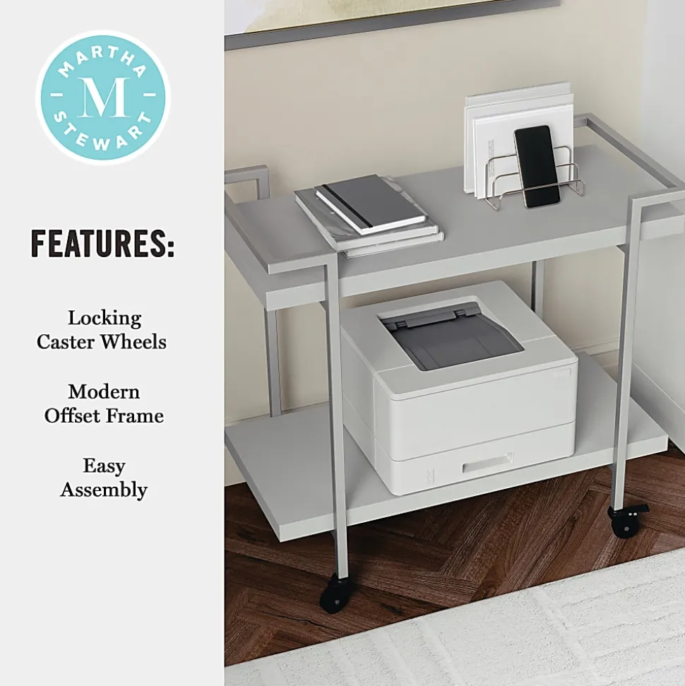 Martha Stewart Liam 2-Tier Office Storage And Printer Cart, Gray/Brushed Nickel
