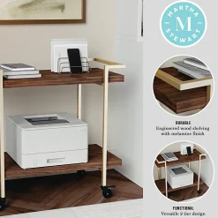 Martha Stewart Liam 2-Tier Office Storage And Printer Cart, Walnut/Polished Brass