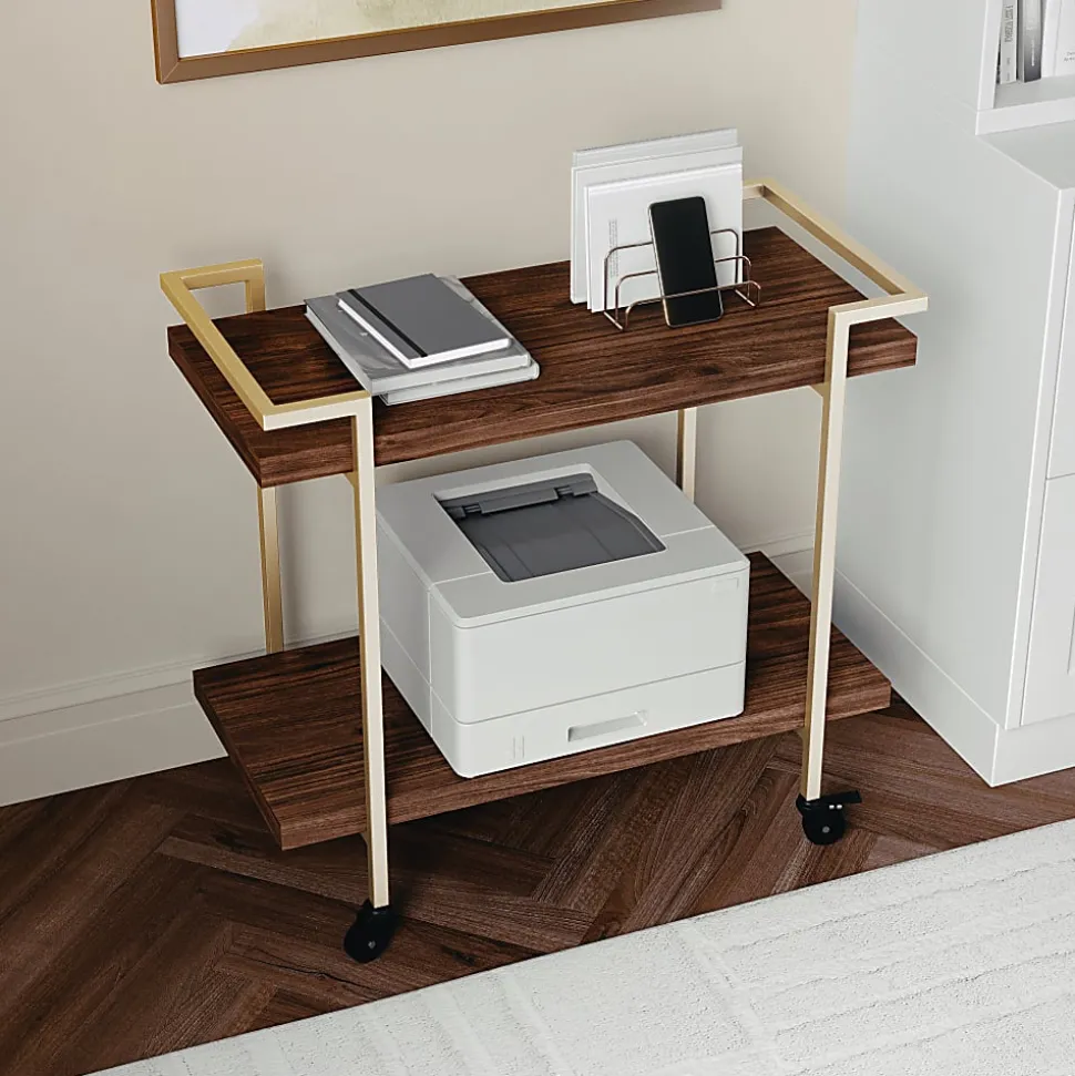 Martha Stewart Liam 2-Tier Office Storage And Printer Cart, Walnut/Polished Brass