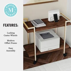 Martha Stewart Liam 2-Tier Office Storage And Printer Cart, Walnut/Polished Brass