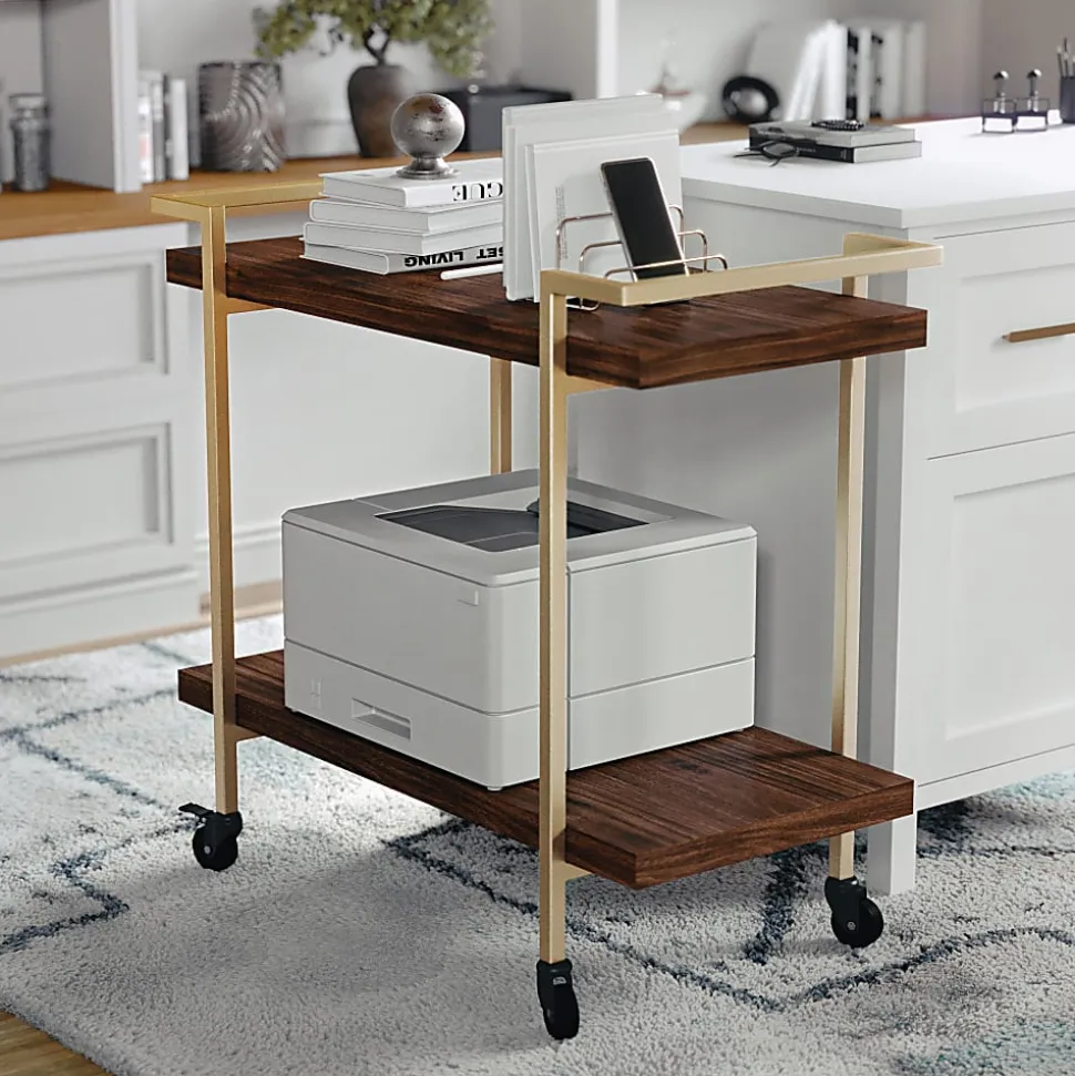 Martha Stewart Liam 2-Tier Office Storage And Printer Cart, Walnut/Polished Brass