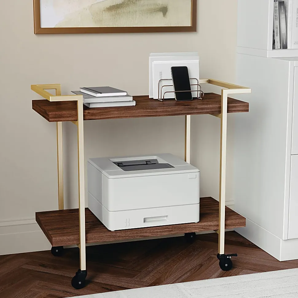 Martha Stewart Liam 2-Tier Office Storage And Printer Cart, Walnut/Polished Brass