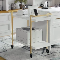 Martha Stewart Liam 2-Tier Office Storage And Printer Cart, White/Polished Brass