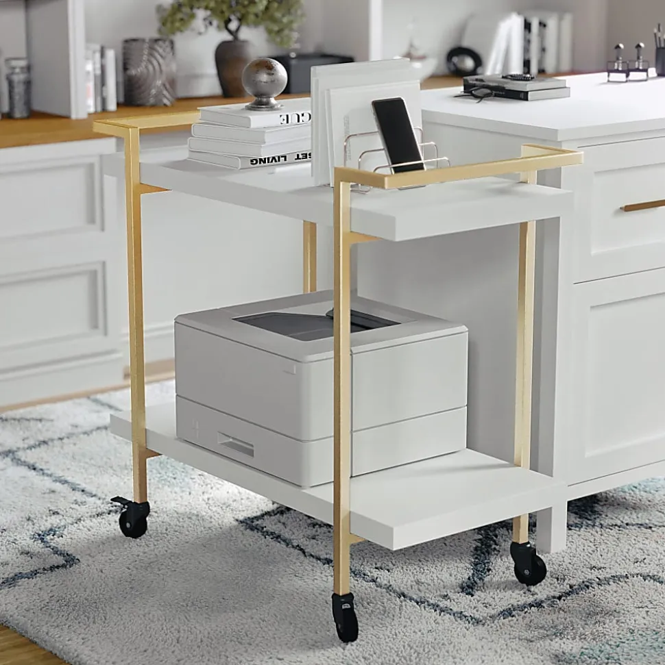 Martha Stewart Liam 2-Tier Office Storage And Printer Cart, White/Polished Brass