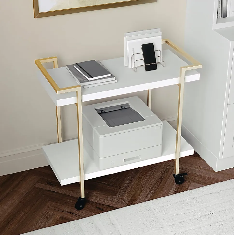 Martha Stewart Liam 2-Tier Office Storage And Printer Cart, White/Polished Brass