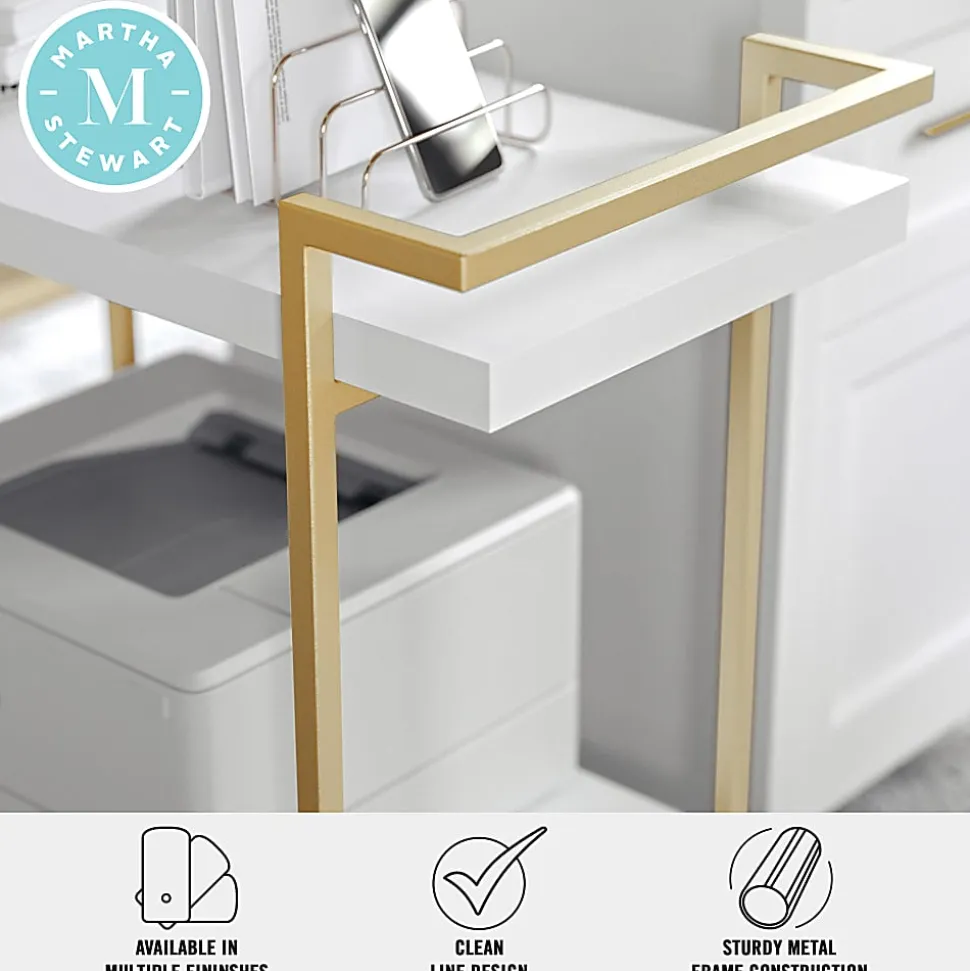 Martha Stewart Liam 2-Tier Office Storage And Printer Cart, White/Polished Brass