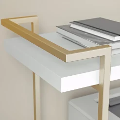 Martha Stewart Liam 2-Tier Office Storage And Printer Cart, White/Polished Brass