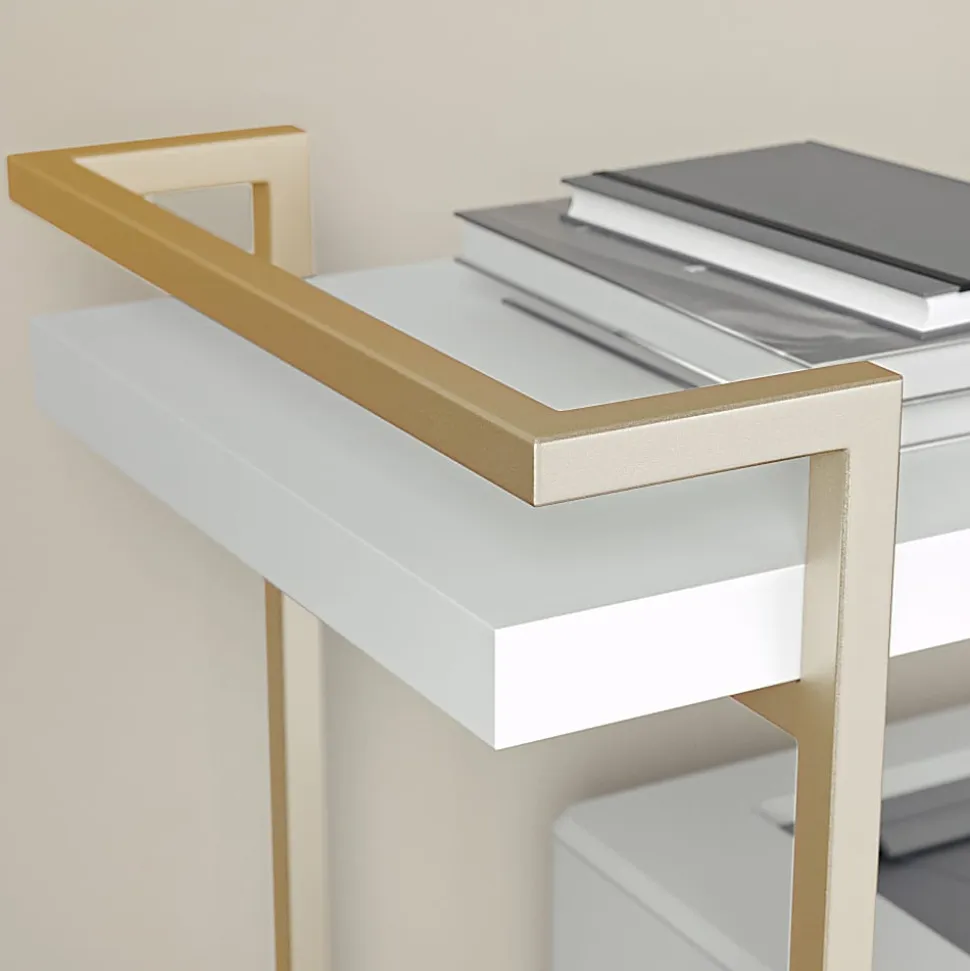 Martha Stewart Liam 2-Tier Office Storage And Printer Cart, White/Polished Brass