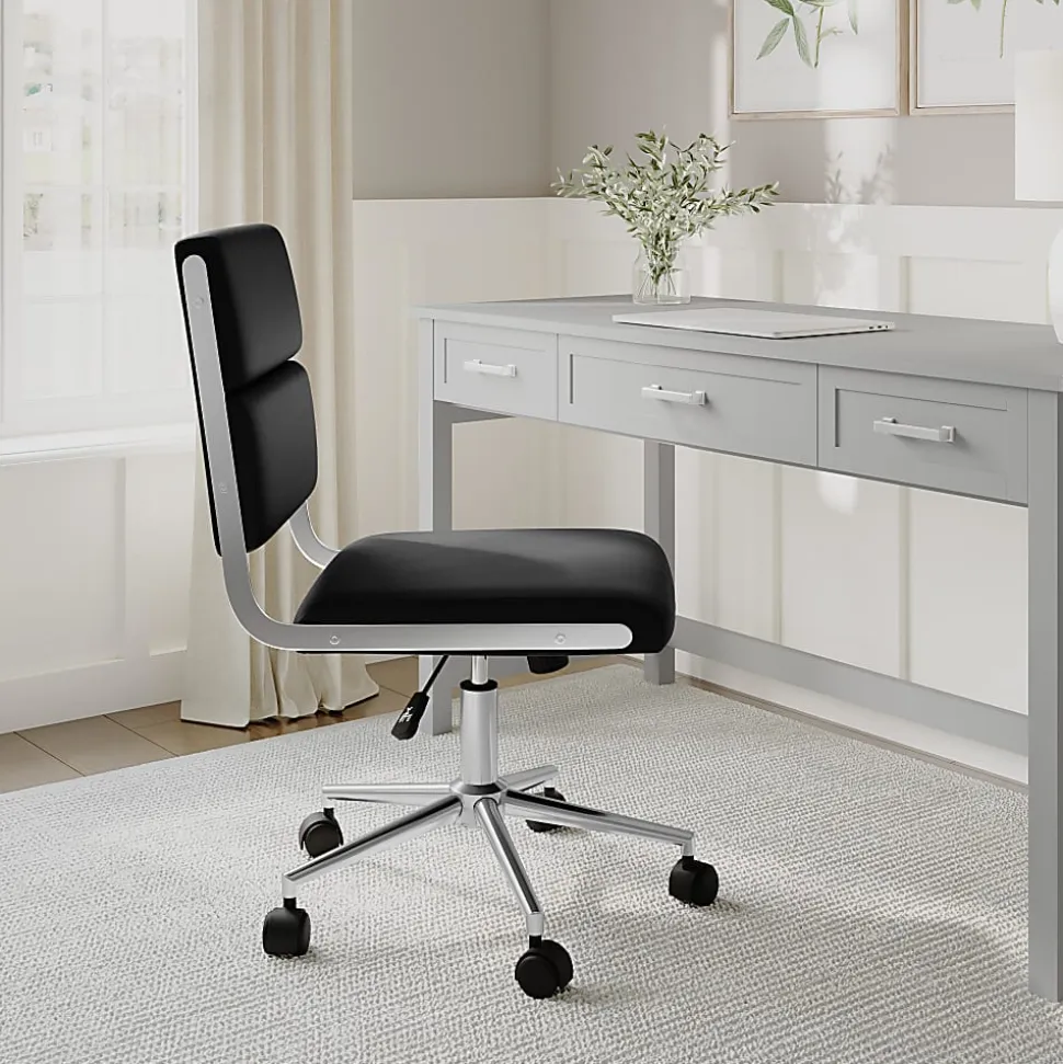 Martha Stewart Lulu Upholstered Office Chair, Black Faux Leather/Polished Nickel Frame