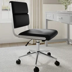 Martha Stewart Lulu Upholstered Office Chair, Black Faux Leather/Polished Nickel Frame