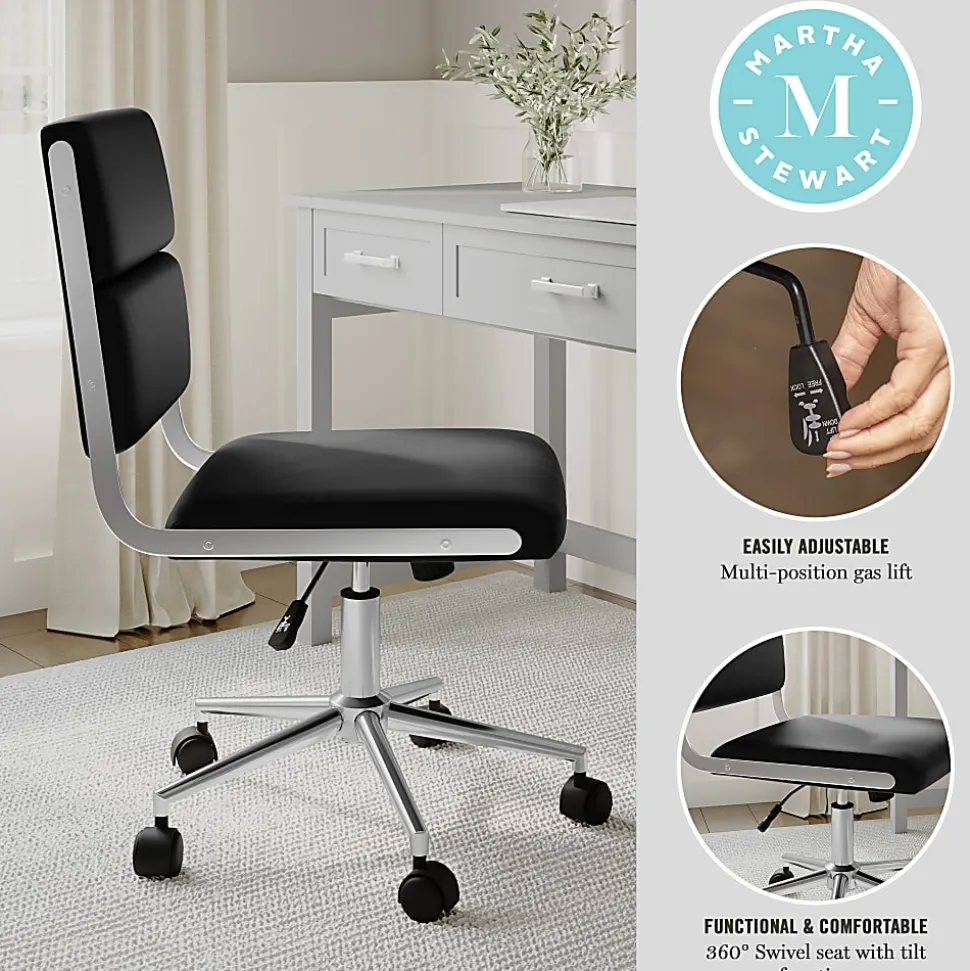 Martha Stewart Lulu Upholstered Office Chair, Black Faux Leather/Polished Nickel Frame