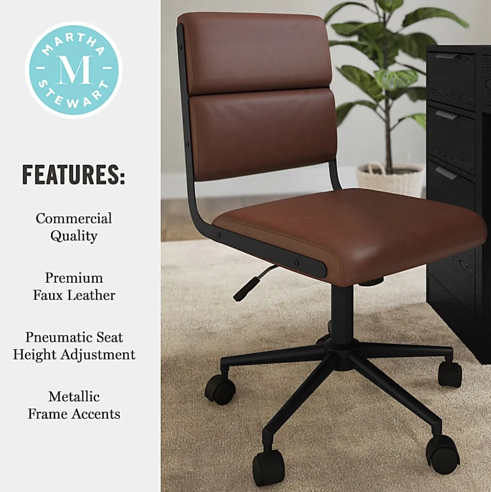 Martha Stewart Lulu Upholstered Office Chair, Saddle Brown Faux Leather/Oil Rubbed Bronze Frame