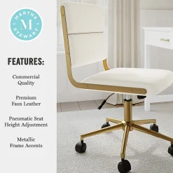 Martha Stewart Lulu Upholstered Office Chair, Off White Faux Leather/Polished Brass Frame