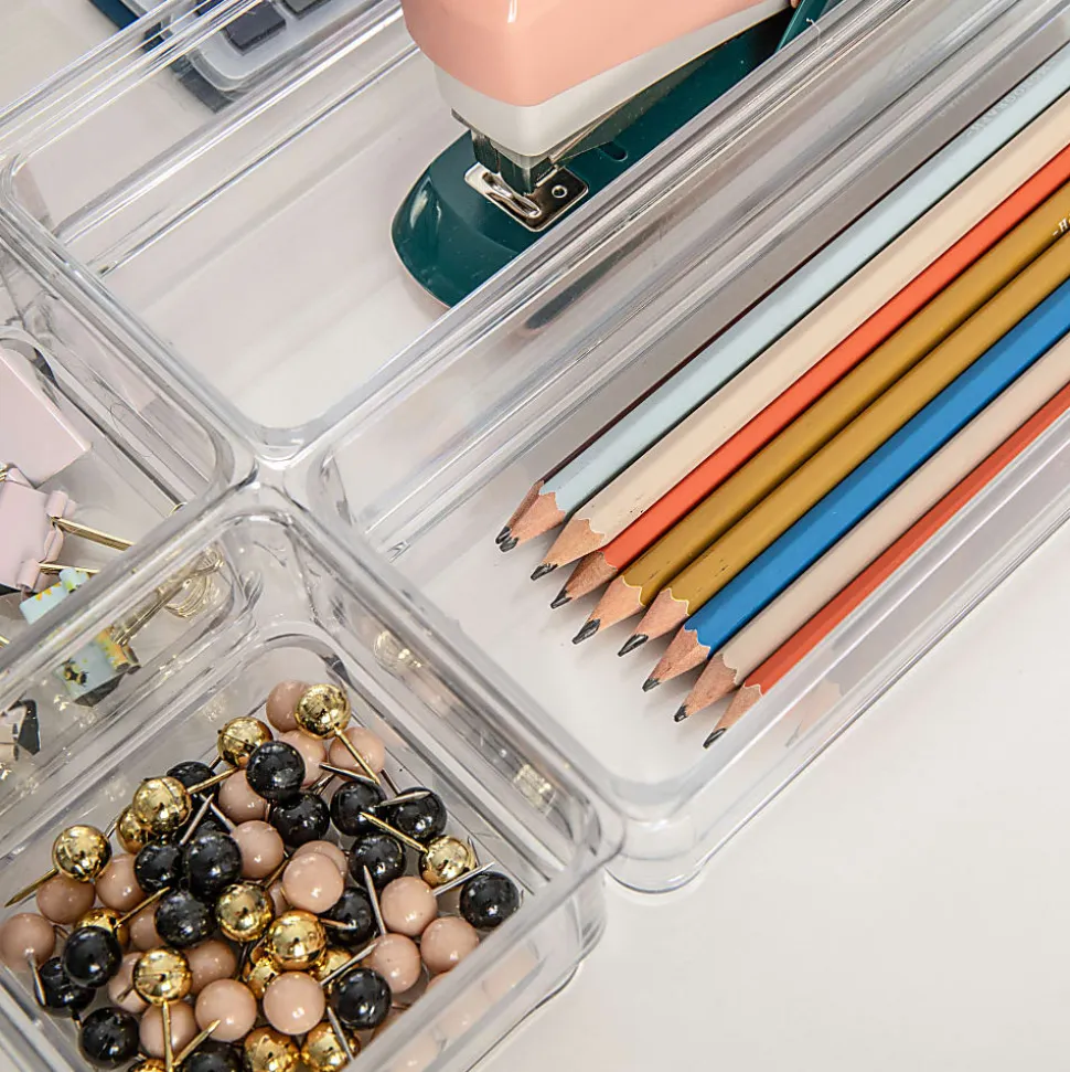 Martha Stewart Miles Plastic Stackable Office Desk Drawer 6-Piece Organizer Set, Clear