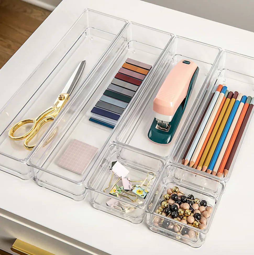 Martha Stewart Miles Plastic Stackable Office Desk Drawer 6-Piece Organizer Set, Clear