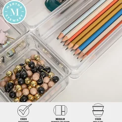 Martha Stewart Miles Plastic Stackable Office Desk Drawer 6-Piece Organizer Set, Clear