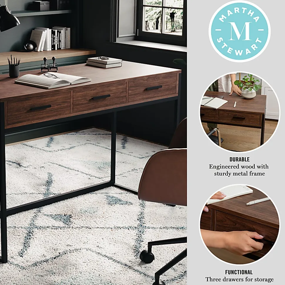 Martha Stewart Ollie Home 47-1/4"W Office Computer Desk With 3 Drawers, Walnut/Oil Rubbed Bronze