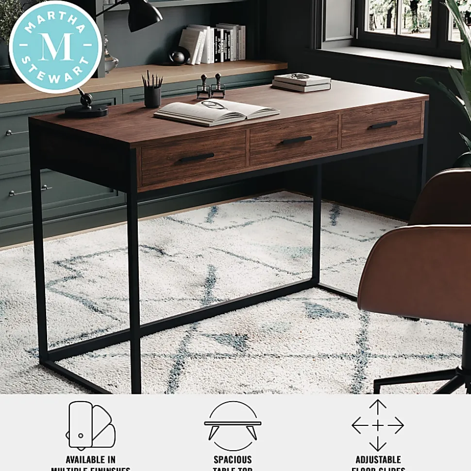 Martha Stewart Ollie Home 47-1/4"W Office Computer Desk With 3 Drawers, Walnut/Oil Rubbed Bronze