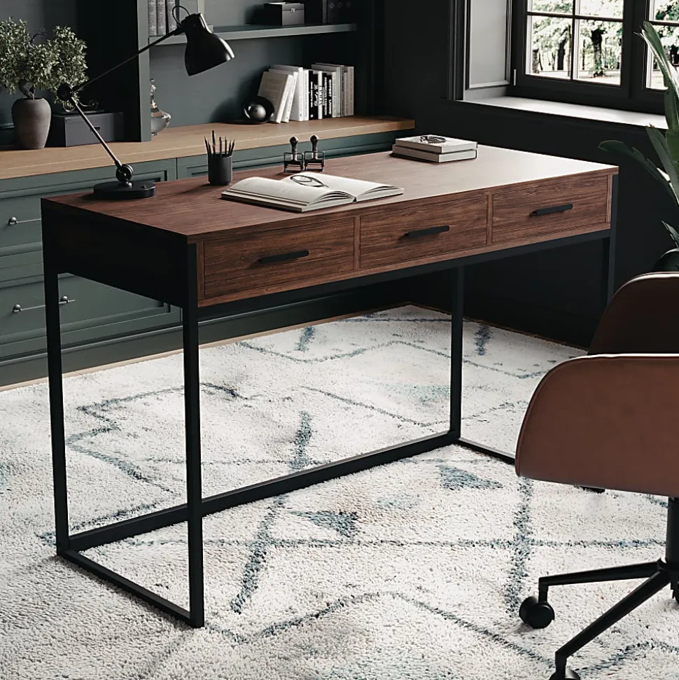 Martha Stewart Ollie Home 47-1/4"W Office Computer Desk With 3 Drawers, Walnut/Oil Rubbed Bronze