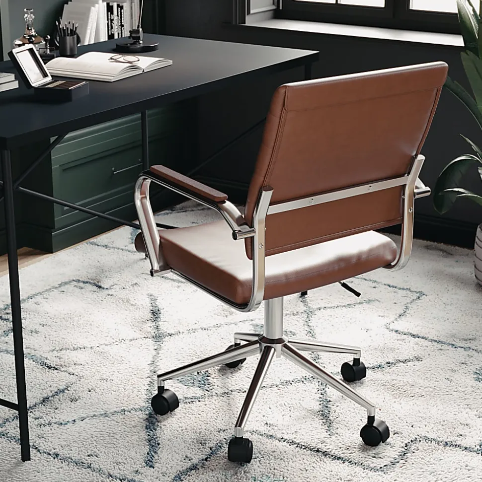 Martha Stewart Piper Faux Leather Upholstered Mid-Back Executive Office Chair, Saddle Brown/Polished Nickel