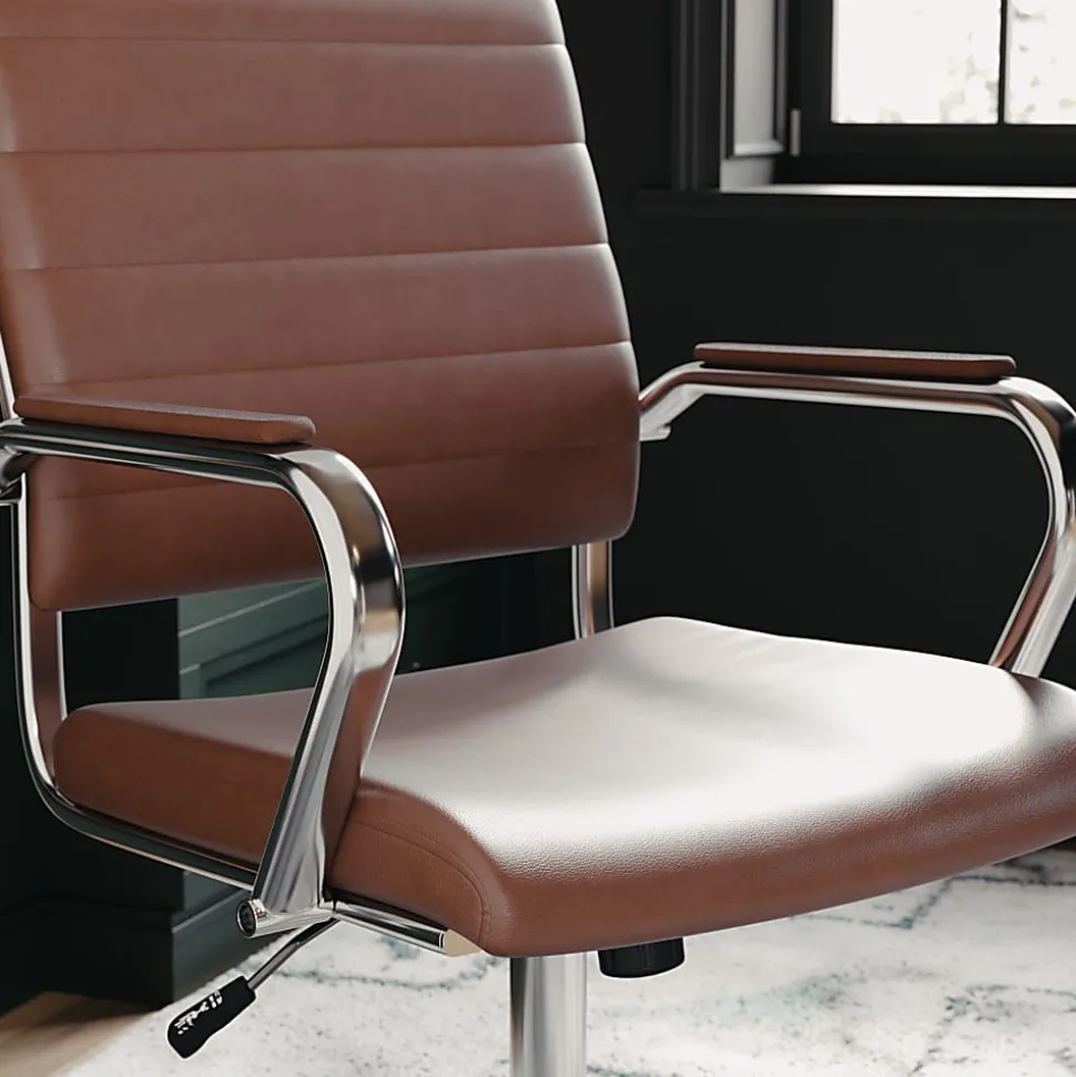 Martha Stewart Piper Faux Leather Upholstered Mid-Back Executive Office Chair, Saddle Brown/Polished Nickel