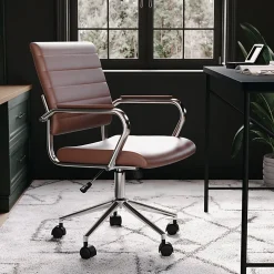 Martha Stewart Piper Faux Leather Upholstered Mid-Back Executive Office Chair, Saddle Brown/Polished Nickel