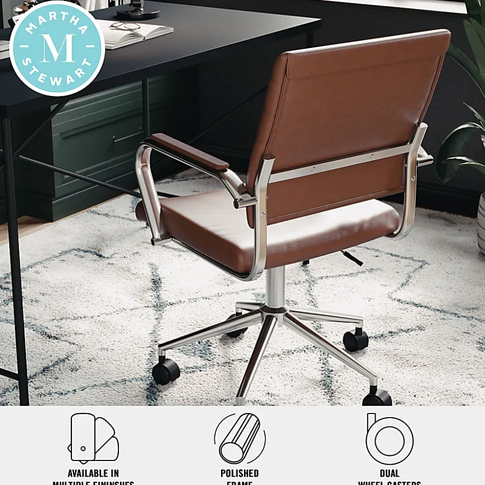 Martha Stewart Piper Faux Leather Upholstered Mid-Back Executive Office Chair, Saddle Brown/Polished Nickel