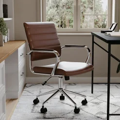 Martha Stewart Piper Faux Leather Upholstered Mid-Back Executive Office Chair, Saddle Brown/Polished Nickel