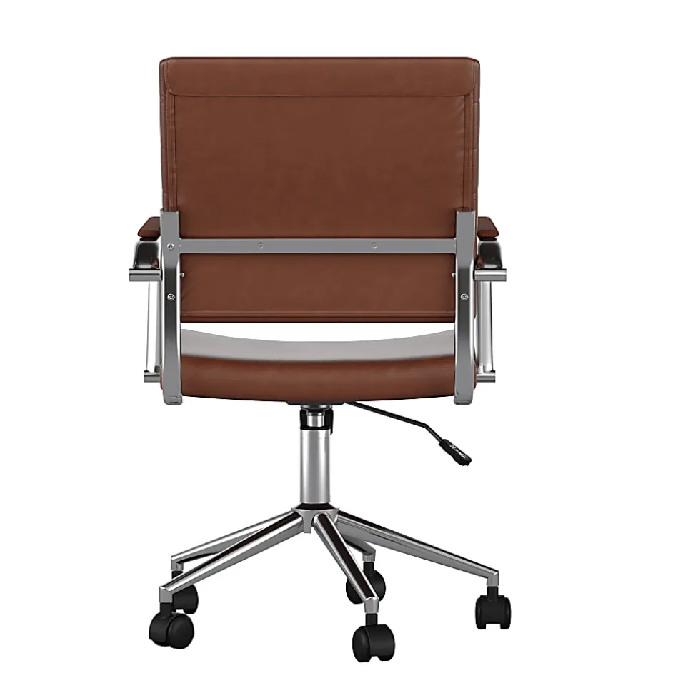 Martha Stewart Piper Faux Leather Upholstered Mid-Back Executive Office Chair, Saddle Brown/Polished Nickel