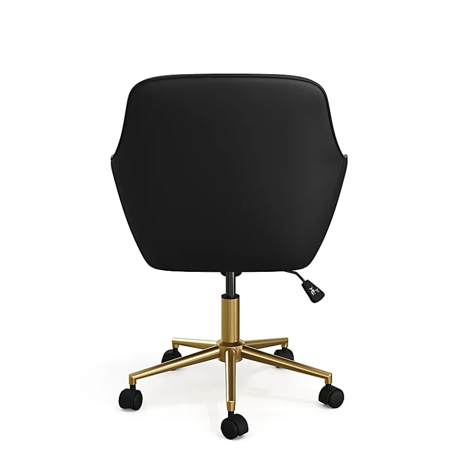 Martha Stewart Rayna Faux Leather Upholstered Office Chair, Black Faux Leather/Polished Brass Frame