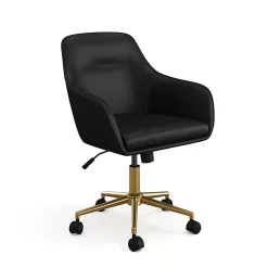 Martha Stewart Rayna Faux Leather Upholstered Office Chair, Black Faux Leather/Polished Brass Frame