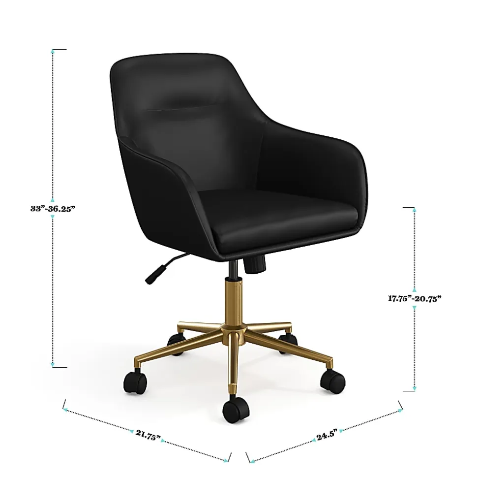 Martha Stewart Rayna Faux Leather Upholstered Office Chair, Black Faux Leather/Polished Brass Frame
