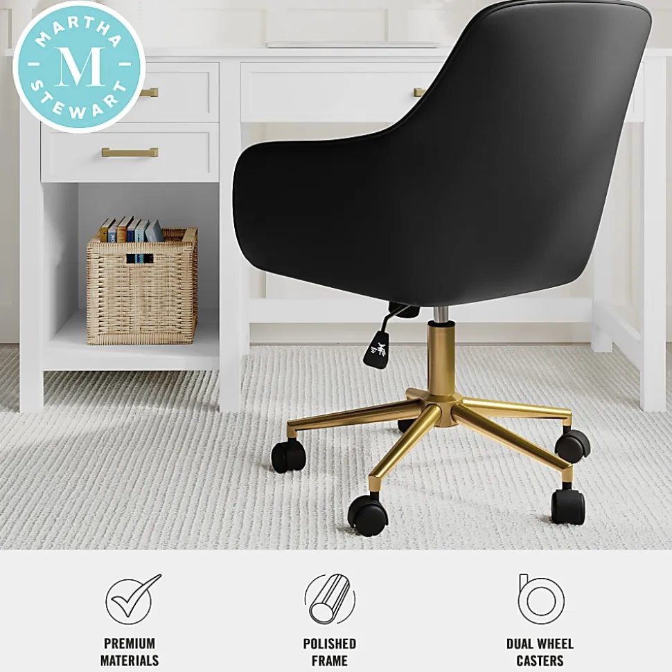 Martha Stewart Rayna Faux Leather Upholstered Office Chair, Black Faux Leather/Polished Brass Frame