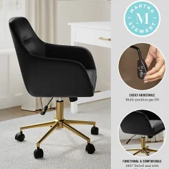 Martha Stewart Rayna Faux Leather Upholstered Office Chair, Black Faux Leather/Polished Brass Frame