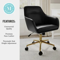 Martha Stewart Rayna Faux Leather Upholstered Office Chair, Black Faux Leather/Polished Brass Frame