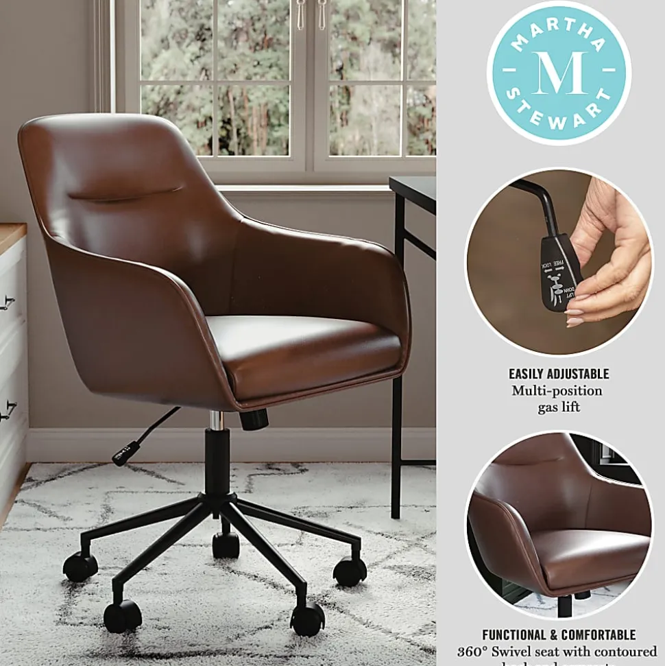 Martha Stewart Rayna Faux Leather Upholstered Mid-Back Office Task Chair, Saddle Brown/Oil-Rubbed Bronze