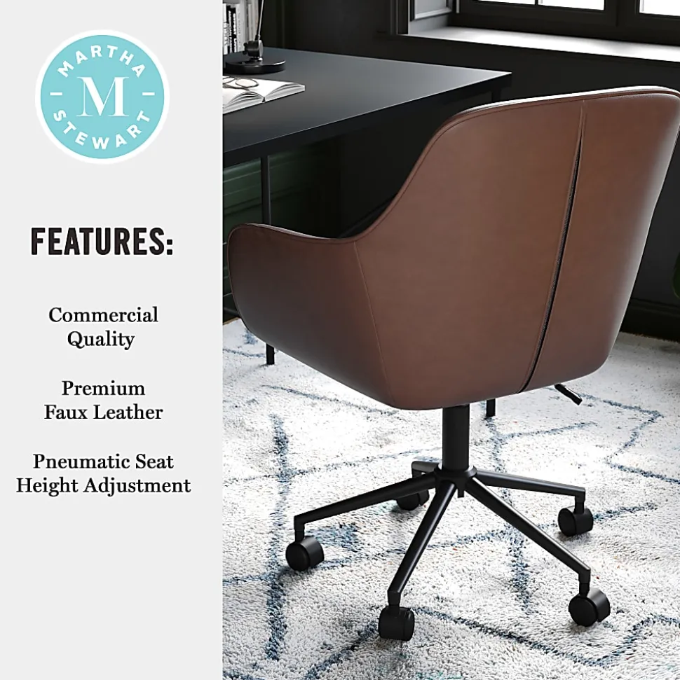 Martha Stewart Rayna Faux Leather Upholstered Mid-Back Office Task Chair, Saddle Brown/Oil-Rubbed Bronze