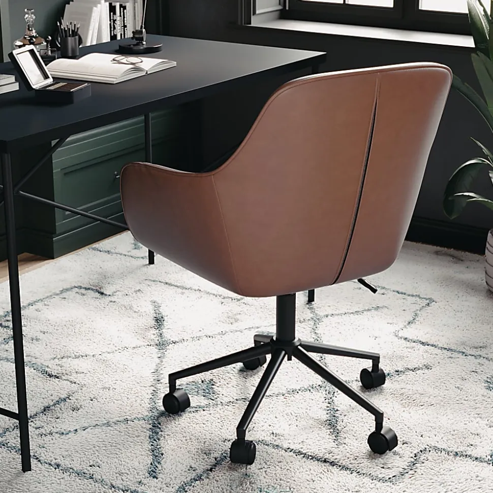 Martha Stewart Rayna Faux Leather Upholstered Mid-Back Office Task Chair, Saddle Brown/Oil-Rubbed Bronze