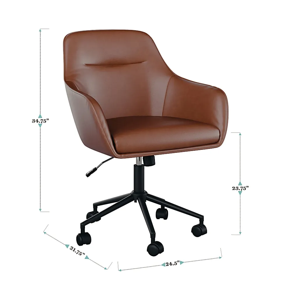 Martha Stewart Rayna Faux Leather Upholstered Mid-Back Office Task Chair, Saddle Brown/Oil-Rubbed Bronze