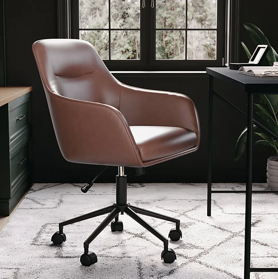 Martha Stewart Rayna Faux Leather Upholstered Mid-Back Office Task Chair, Saddle Brown/Oil-Rubbed Bronze