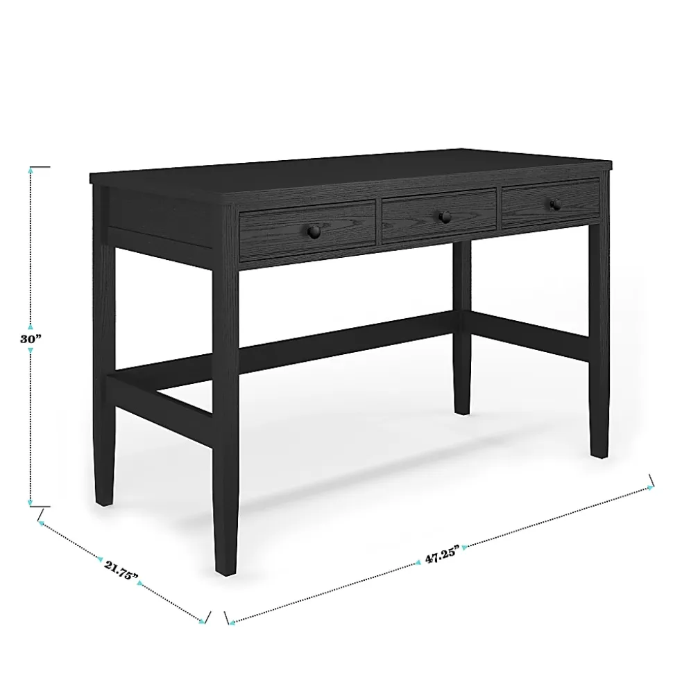 Martha Stewart Rhett Home Office 3 Drawer Desk with Tapered Legs, Black Frame/Oil Rubbed Bronzed Hardware